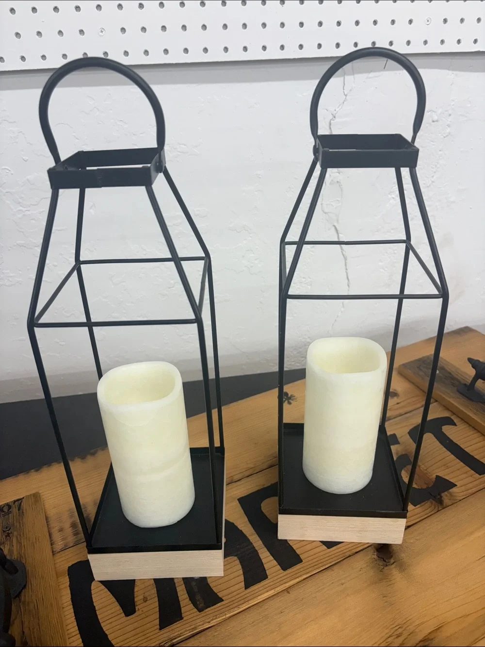 Unbranded Black Metal Lanterns with Cream LED Candles - Pair